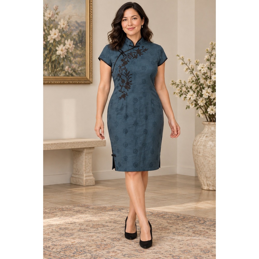KimDo Cheongsam Dress 14 Teal Embroidered Qipao Sophisticated Romantic